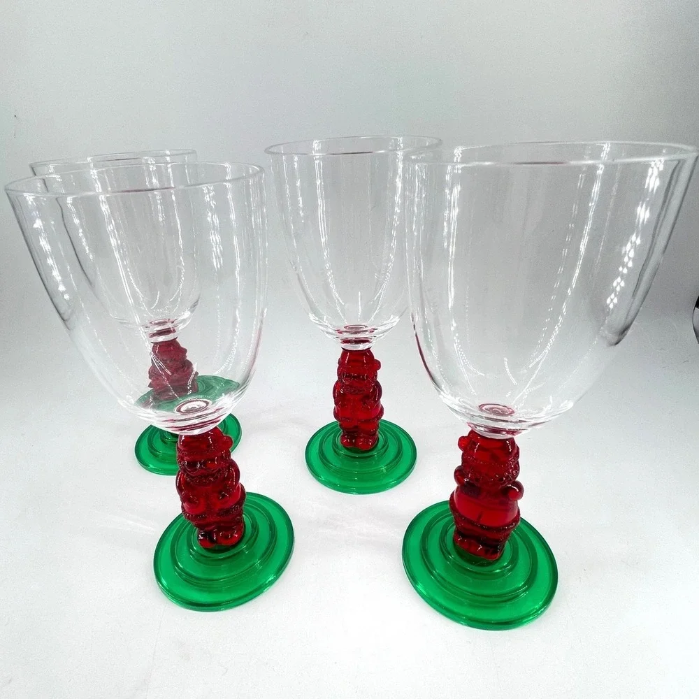Vintage Santa Claus Christmas Wine Glasses Set of 4 Red Green Stemmed Goblets